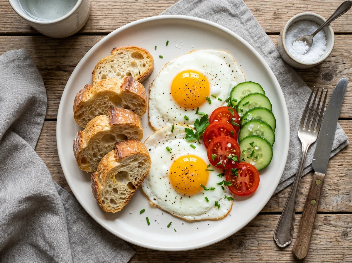 Spiegelei mit Baguette, Tomaten und Gurken photo