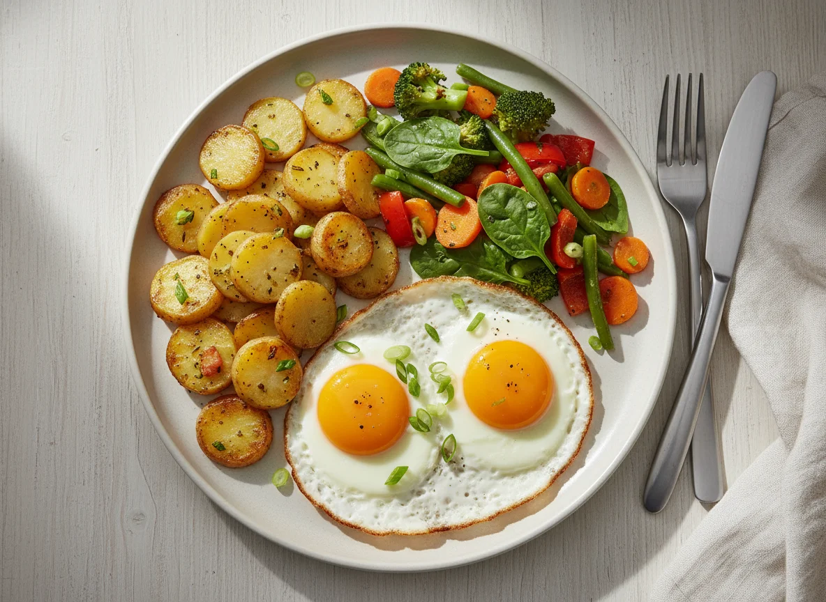 Spiegelei mit Bratkartoffeln und Gemüse photo