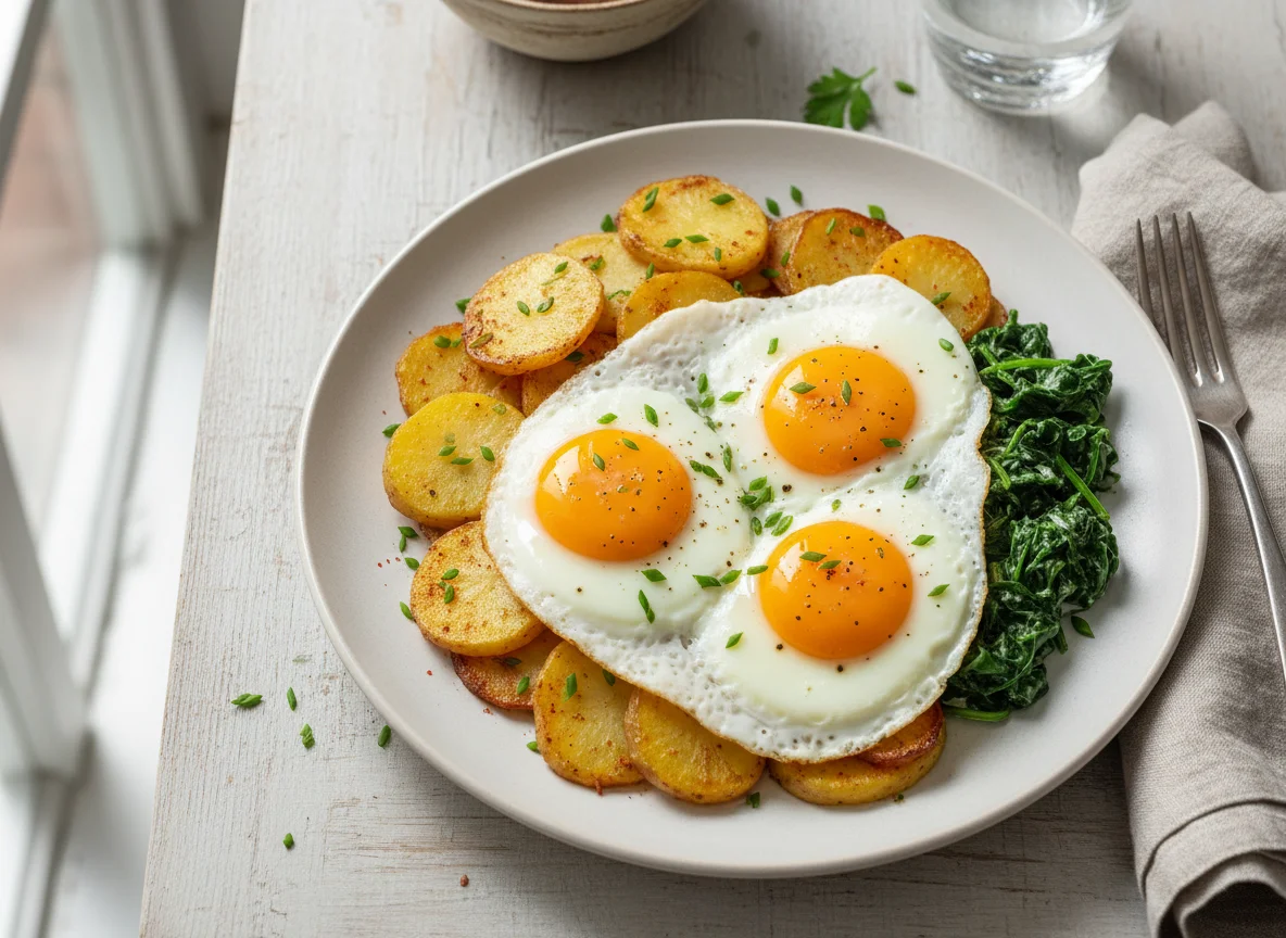 Spiegelei mit Bratkartoffeln und Spinat photo