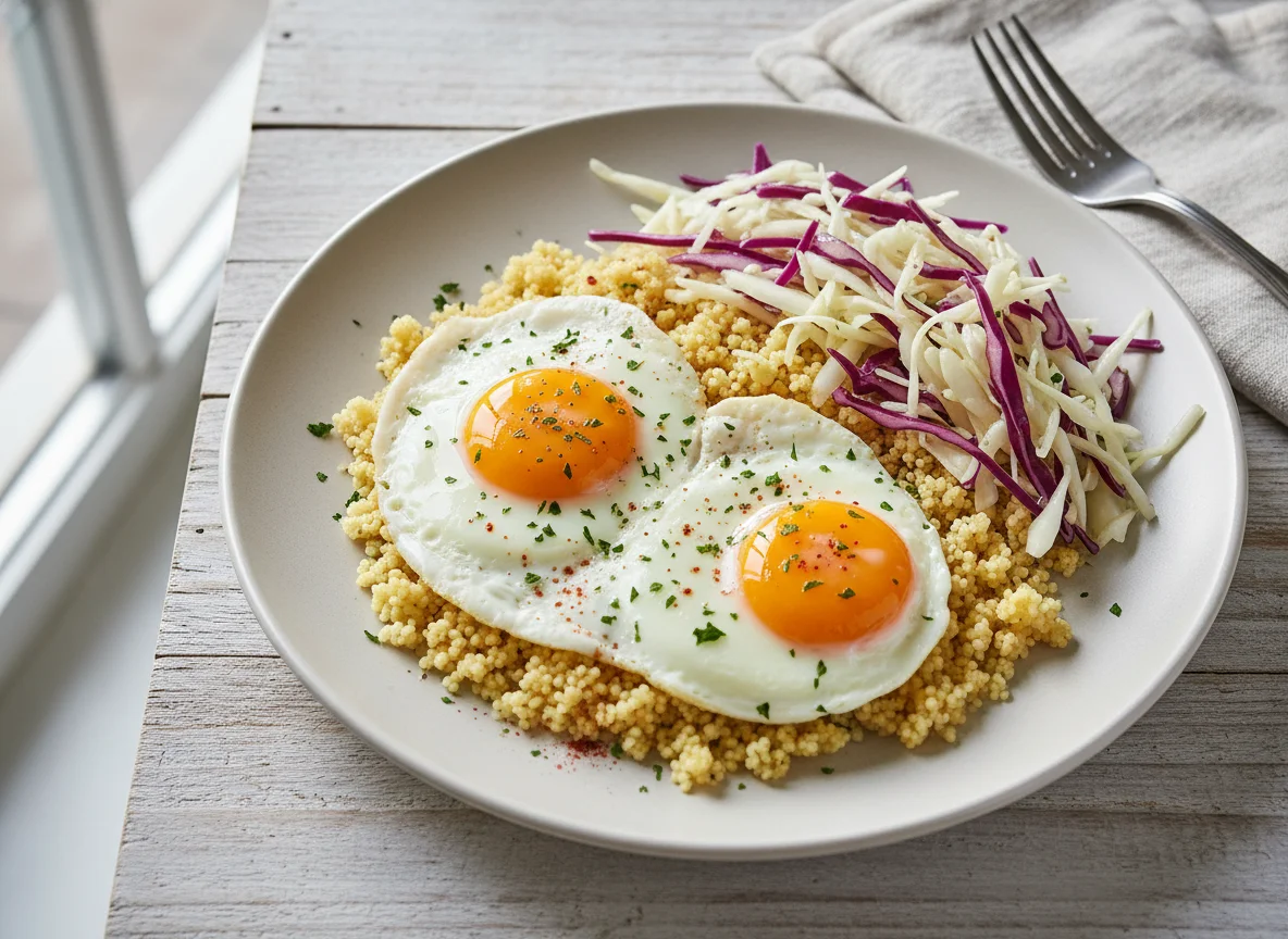 Spiegelei mit Couscous und Krautsalat photo