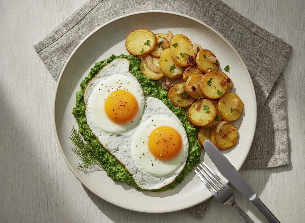 Spiegelei mit Cremespinat und Röstkartoffeln photo
