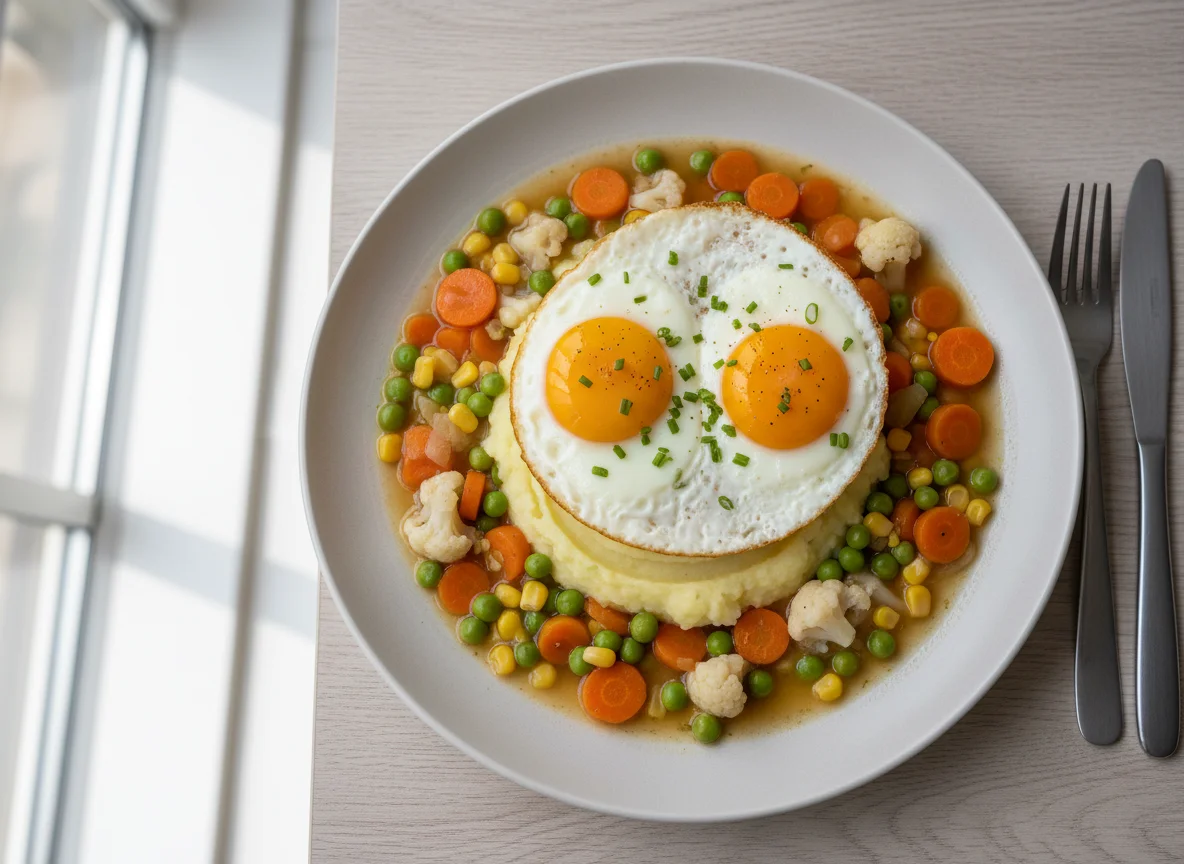 Spiegelei mit Kartoffelbrei und Gemüse photo