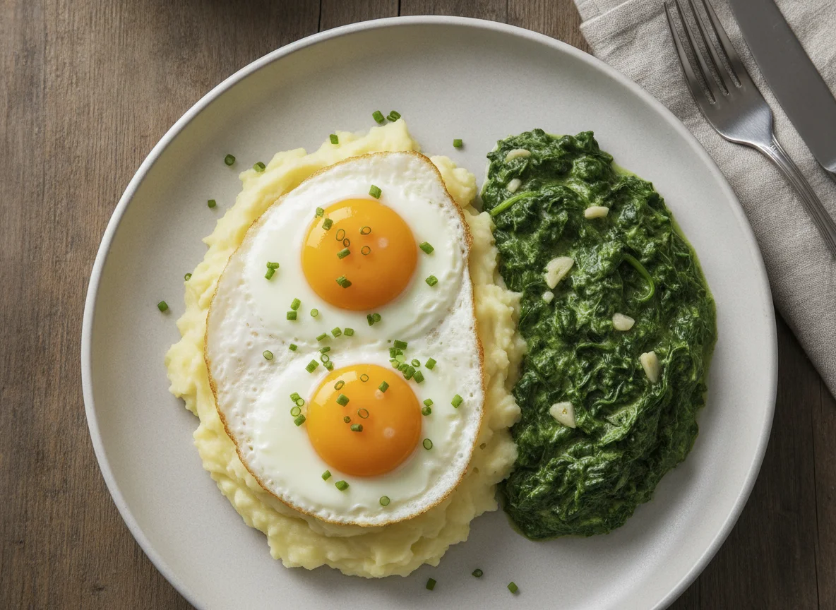 Spiegelei mit Kartoffelbrei und Rahmspinat photo