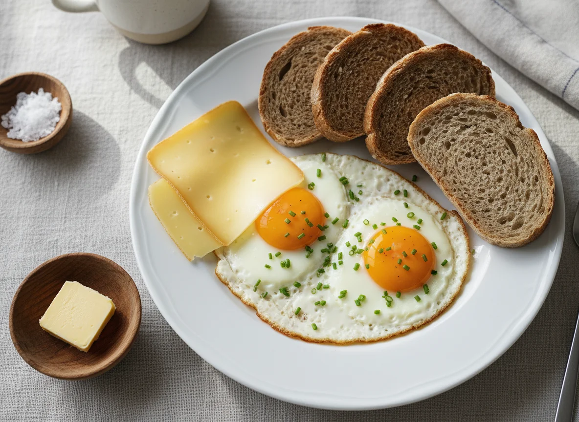 Spiegelei mit Käse und Brot photo
