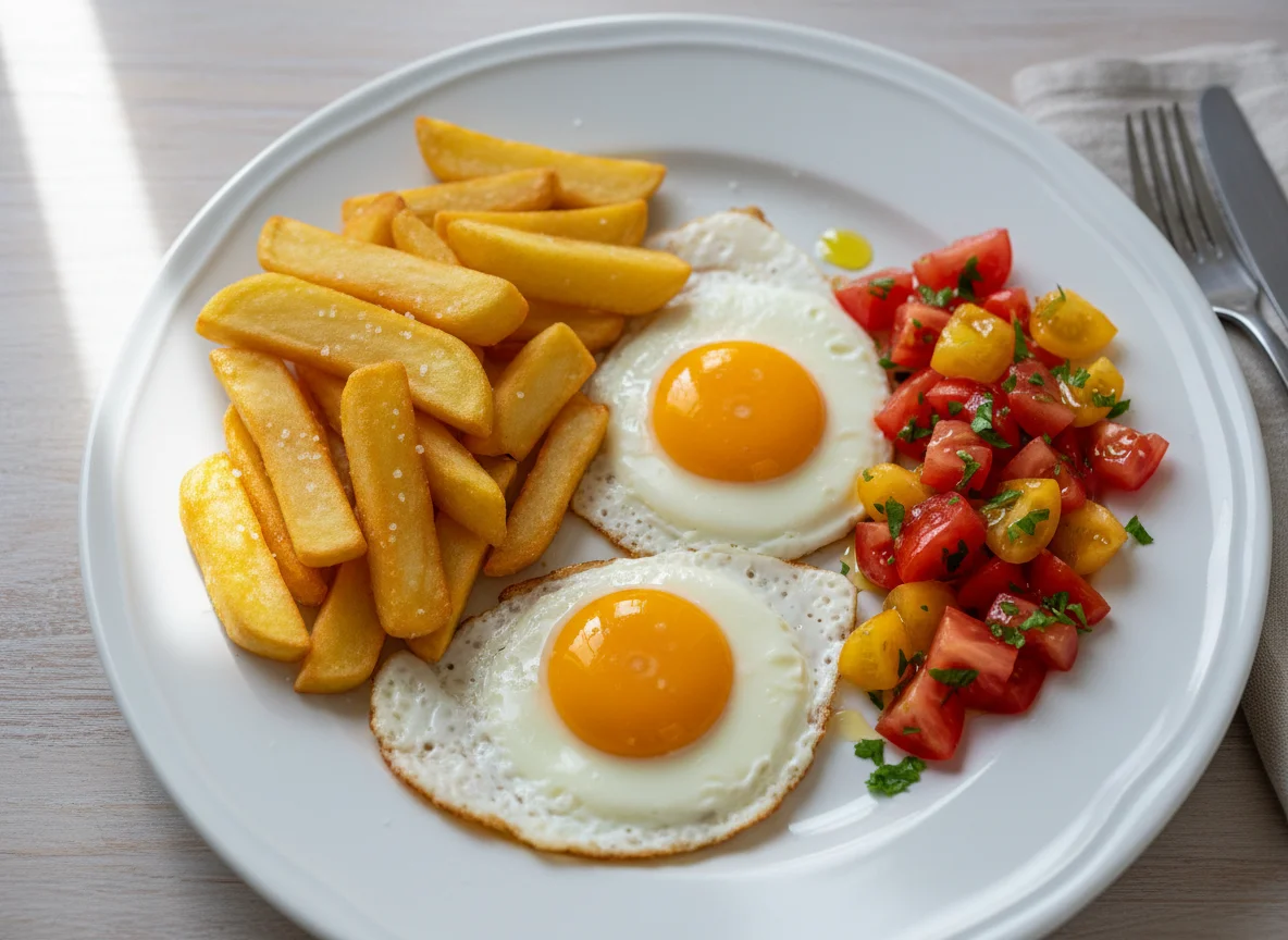 Spiegelei mit Pommes Frites und Tomatensalat photo