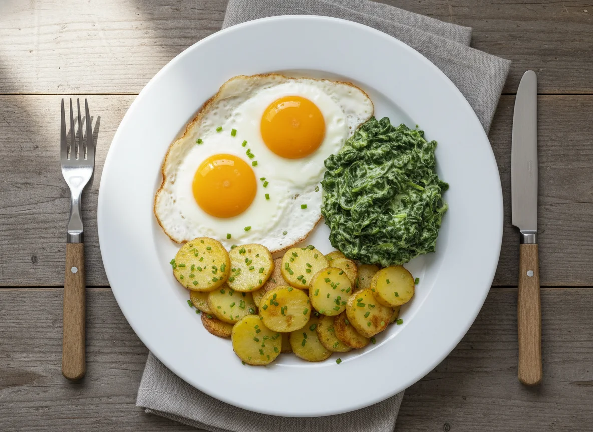 Spiegelei mit Rahmspinat und Bratkartoffeln photo