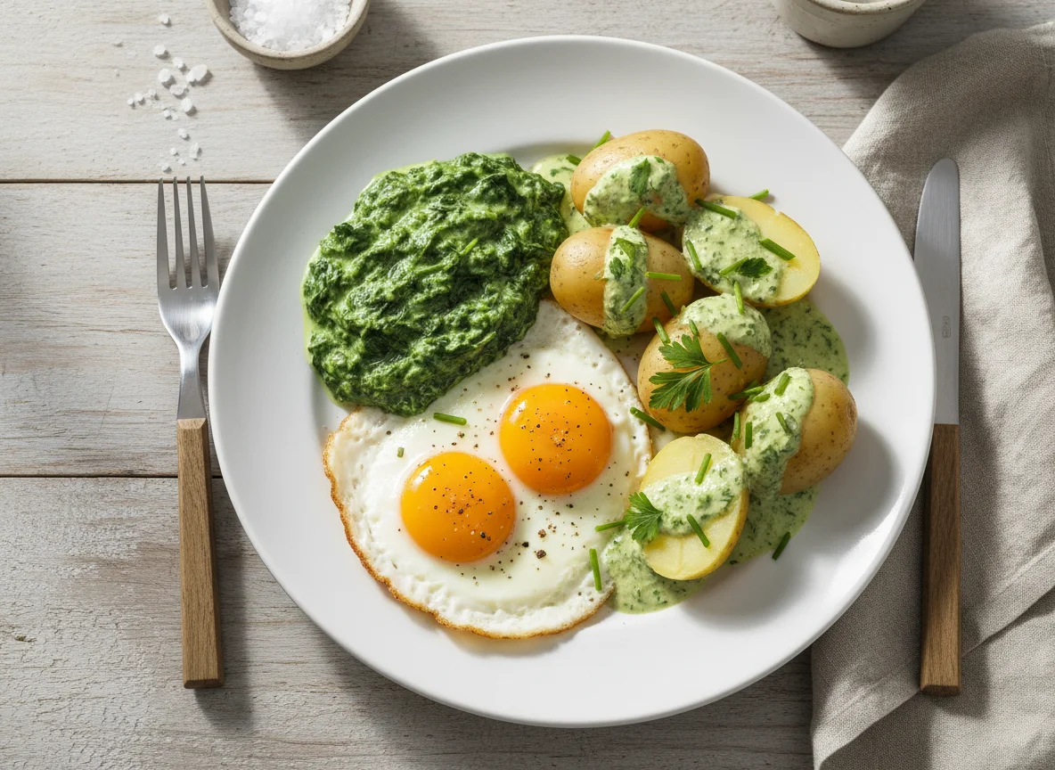 Spiegelei mit Rahmspinat und Kartoffeln photo