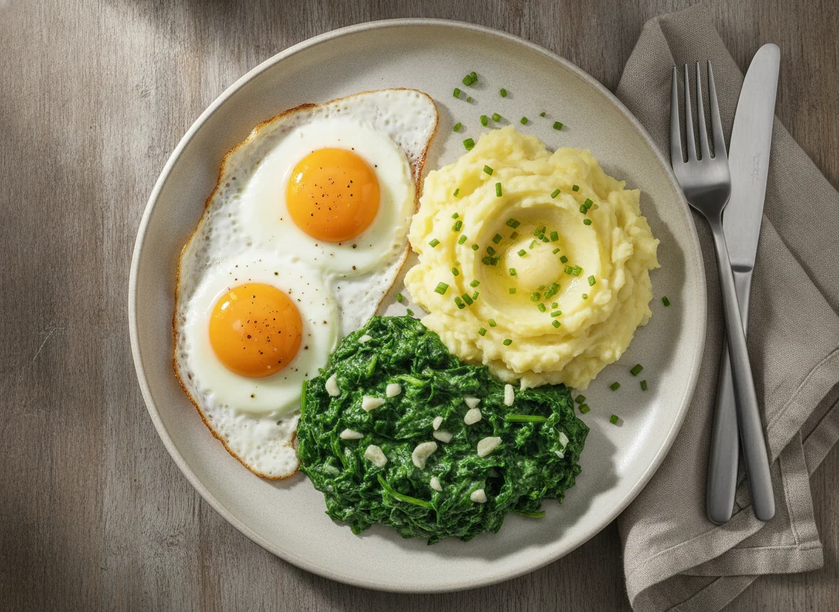 Spiegelei mit Rahmspinat und Kartoffelpüree photo