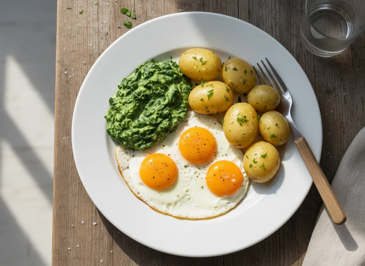 Spiegelei mit Rahmspinat und Salzkartoffeln photo