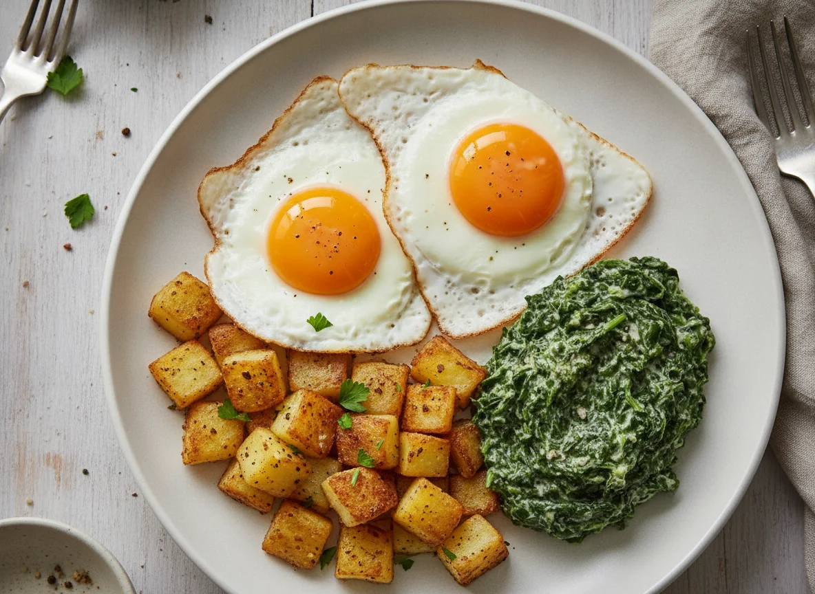 Spiegelei mit Röstkartoffeln und Cremespinat photo