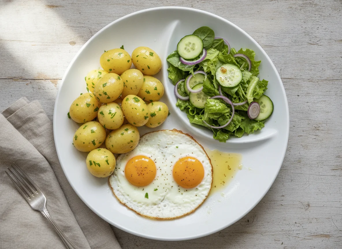 Spiegelei mit Salzkartoffeln und Salat photo