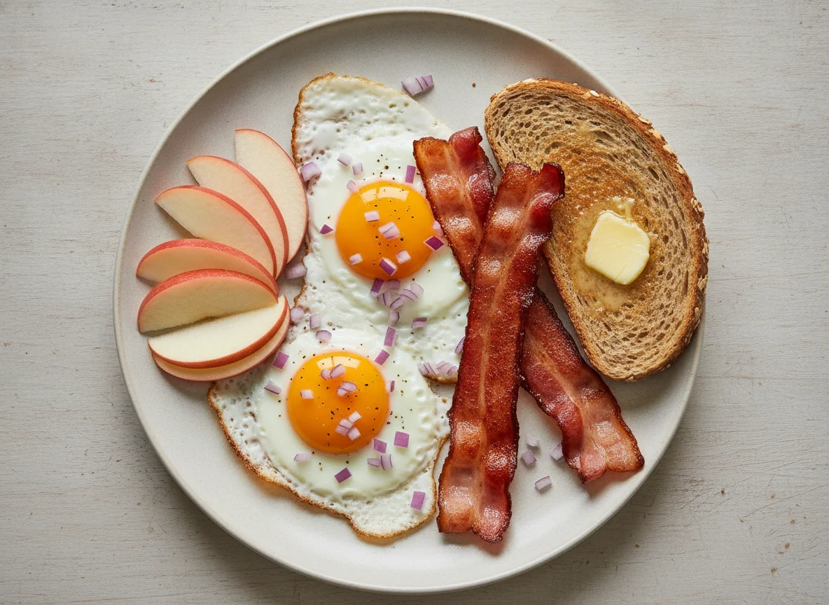 Spiegelei mit Speck, Apfel und Brot photo