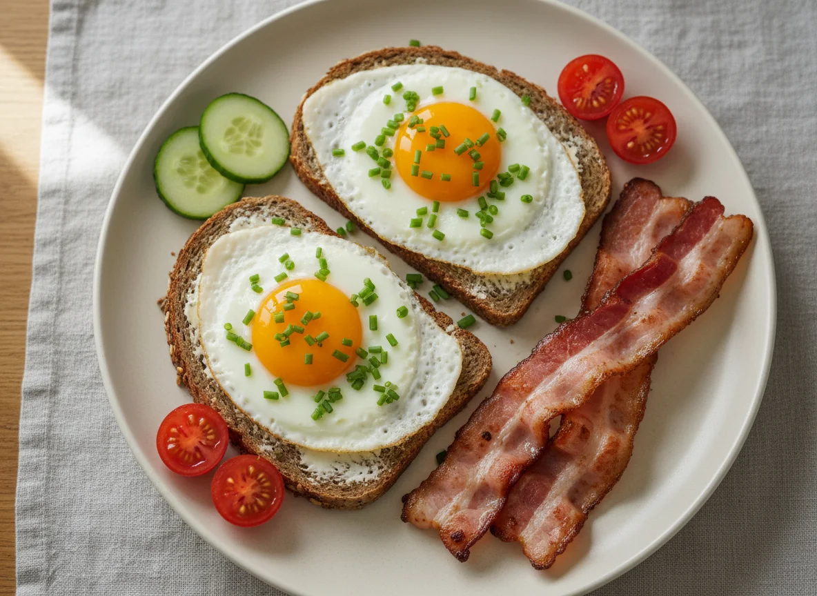 Spiegelei mit Speck auf Brot photo