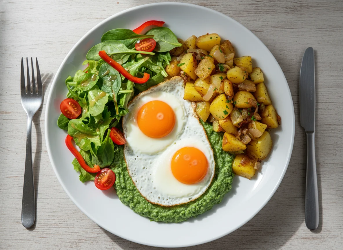 Spiegelei mit Spinat, Bratkartoffeln und Salat photo