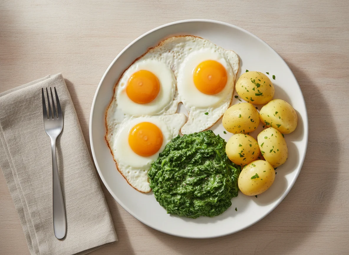 Spiegelei mit Spinat und Salzkartoffeln photo