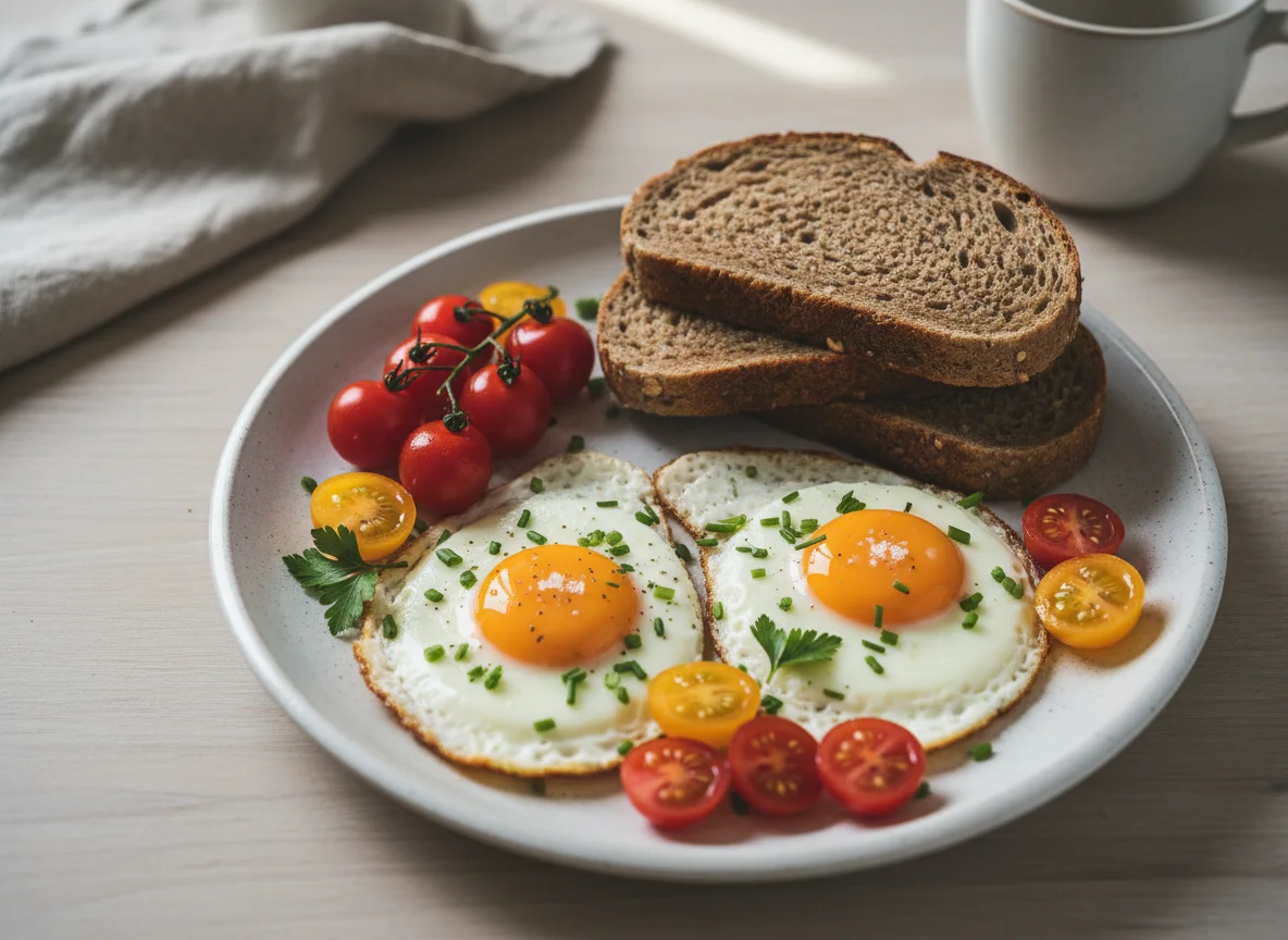 Spiegelei mit Tomaten und Brot photo