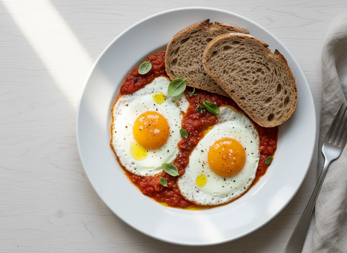Spiegelei mit Tomatensauce und Brot photo