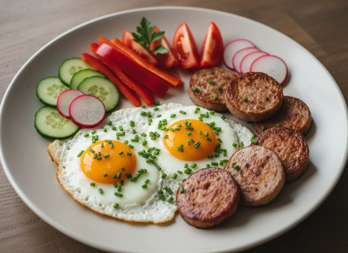 Spiegelei mit Wurst und frischem Gemüse photo