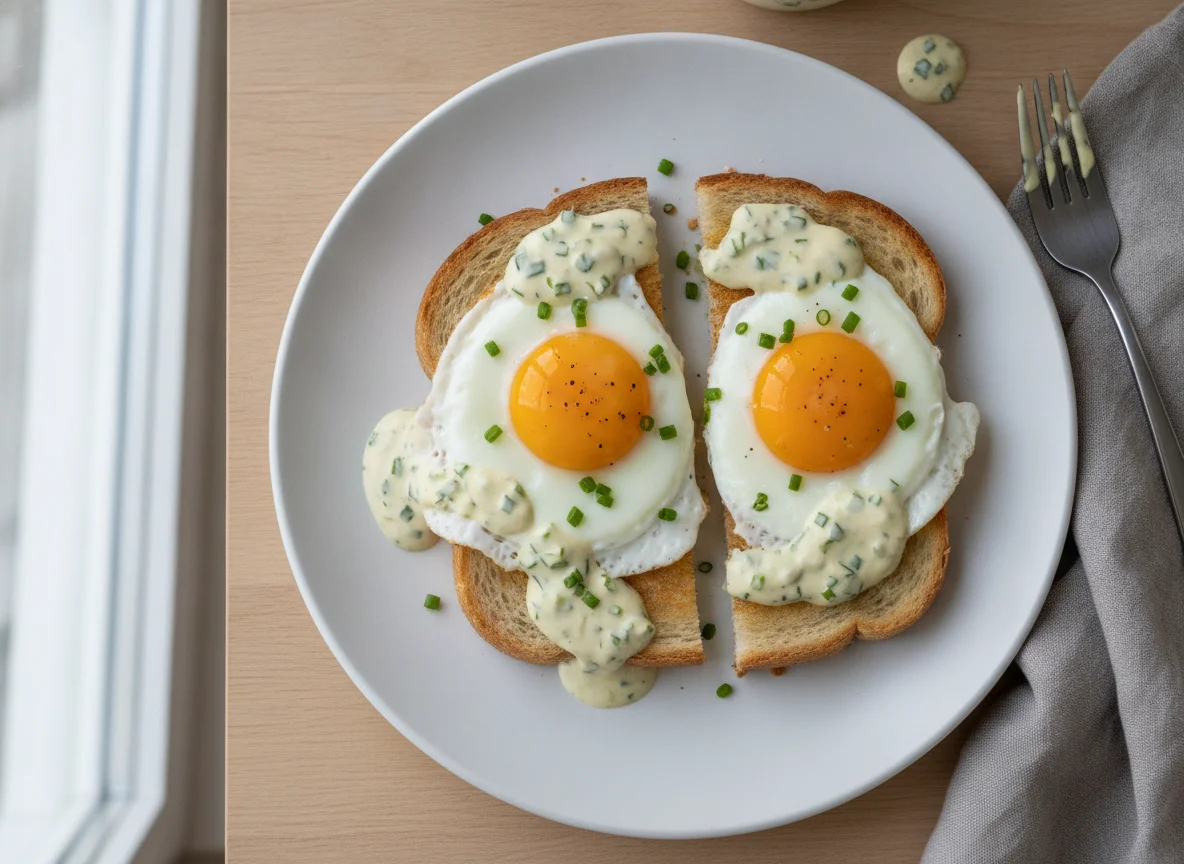 Spiegeleier auf Toast mit Sauce photo