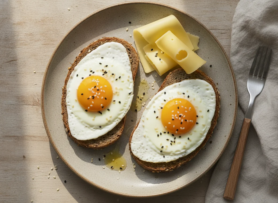 Spiegeleier auf Vollkornbrot mit Käse photo