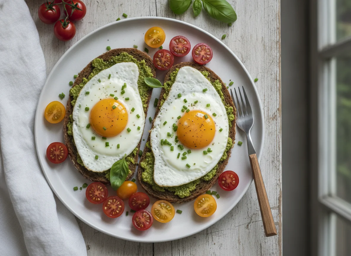 Spiegeleier auf Vollkornbrot mit Kirschtomaten photo