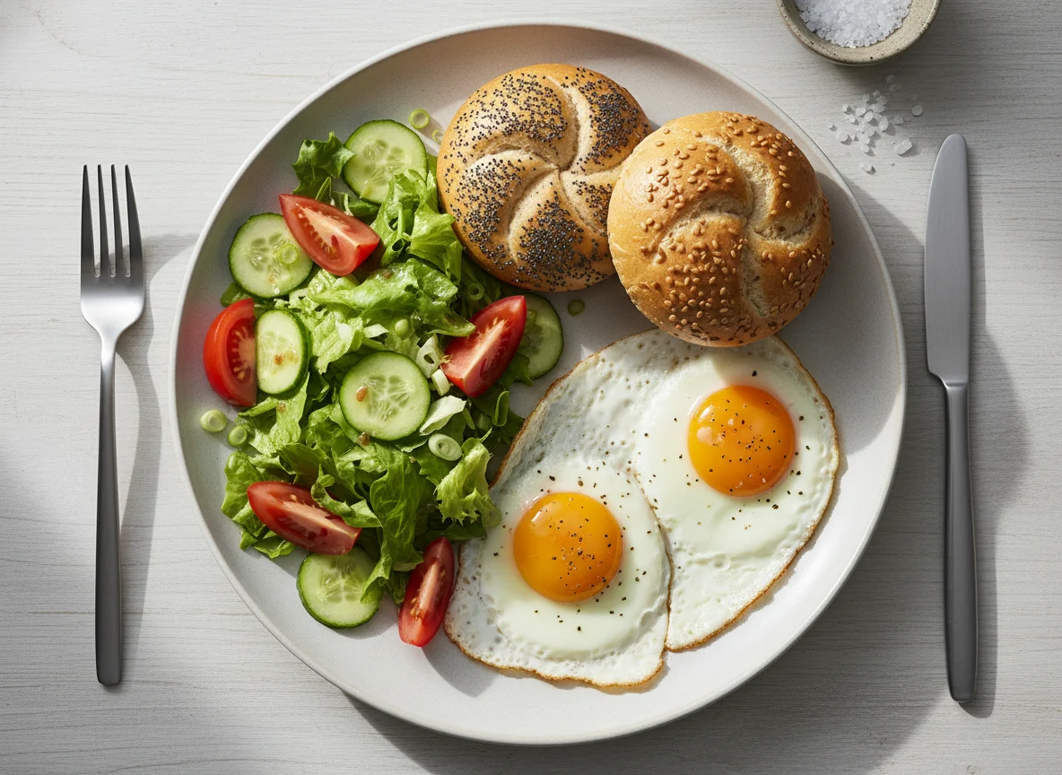Spiegeleier mit Brötchen und Salat photo