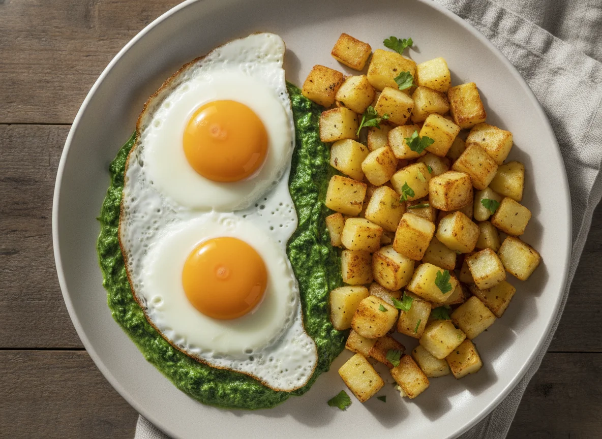 Spiegeleier mit Cremespinat und Röstkartoffeln photo