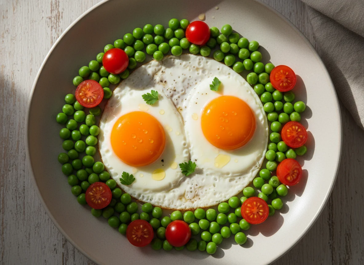 Spiegeleier mit Erbsen und Tomaten photo