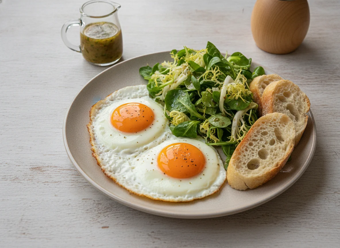 Spiegeleier mit gemischtem Salat und Baguette photo