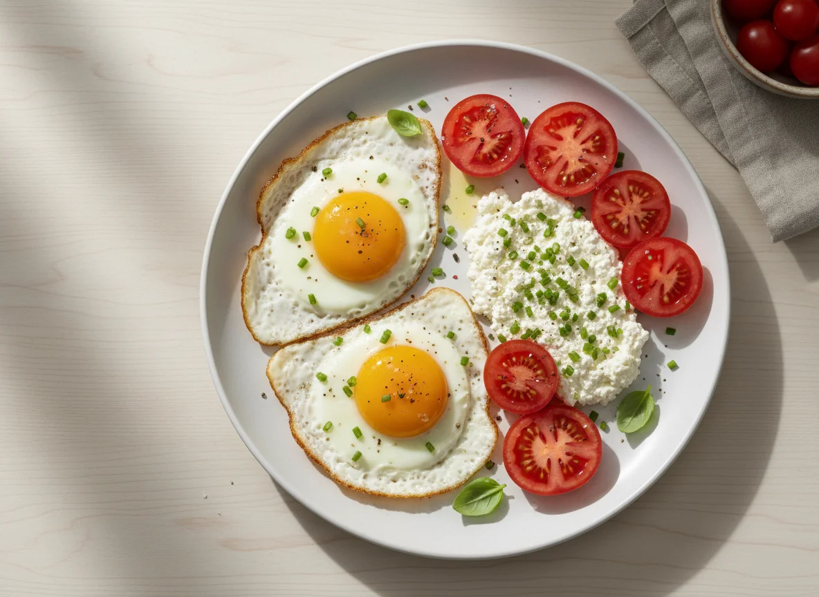 Spiegeleier mit Hüttenkäse und Tomaten photo