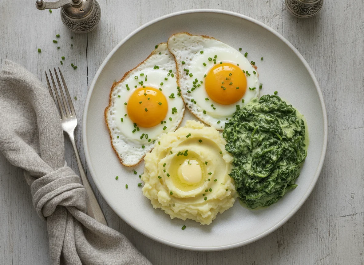 Spiegeleier mit Kartoffelbrei und Rahmspinat photo