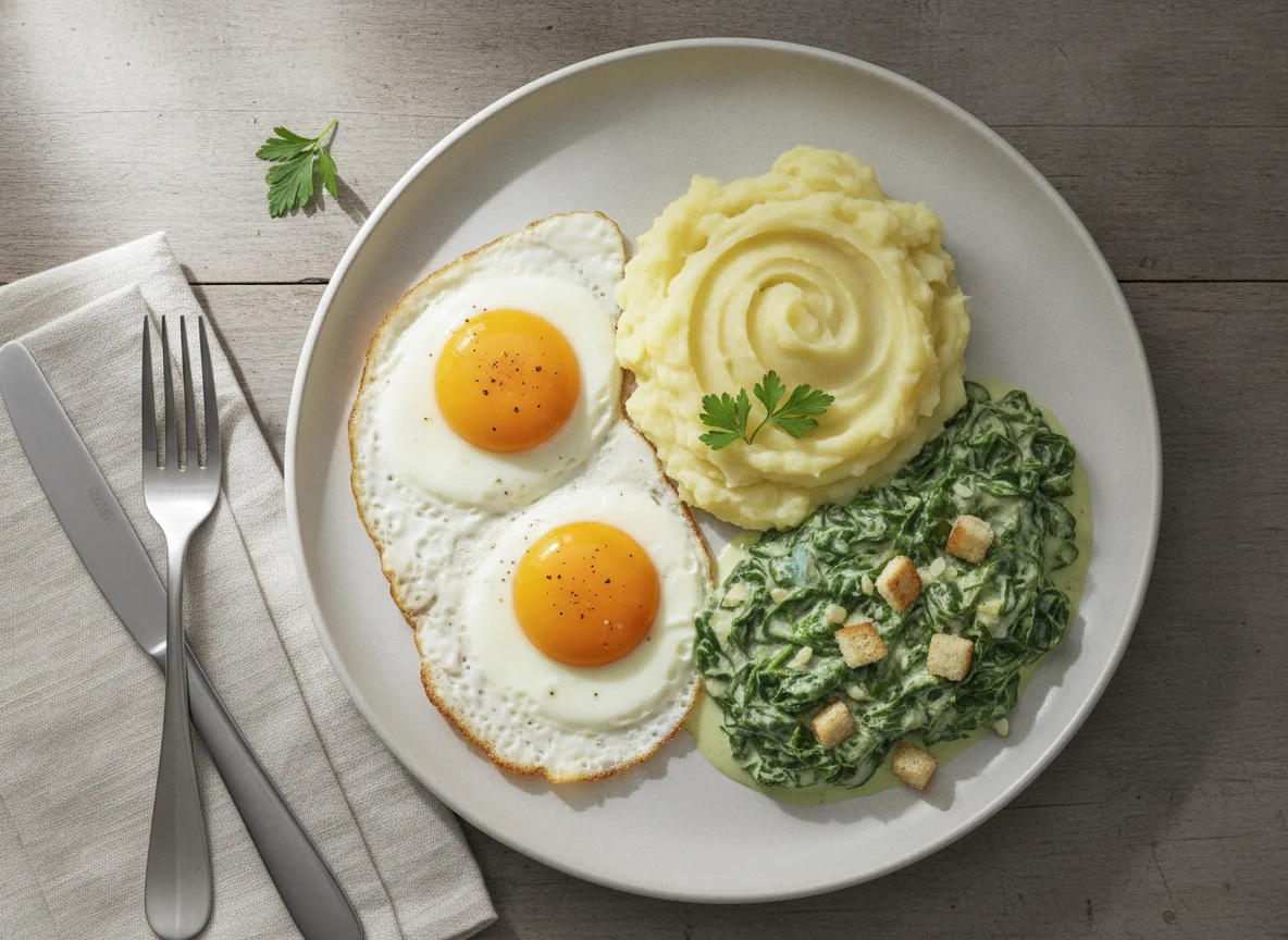 Spiegeleier mit Kartoffelpüree und Rahmspinat photo