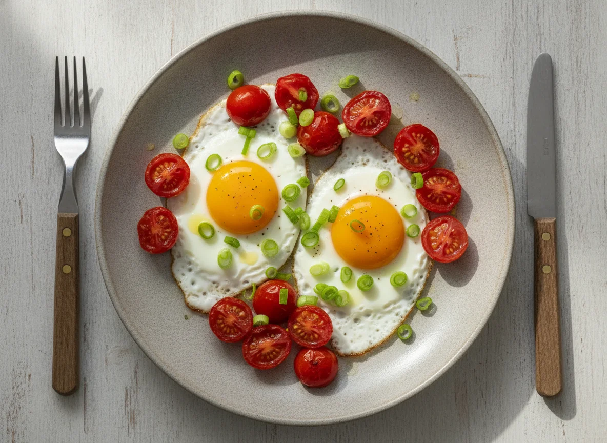 Spiegeleier mit Kirschtomaten und Frühlingszwiebeln photo