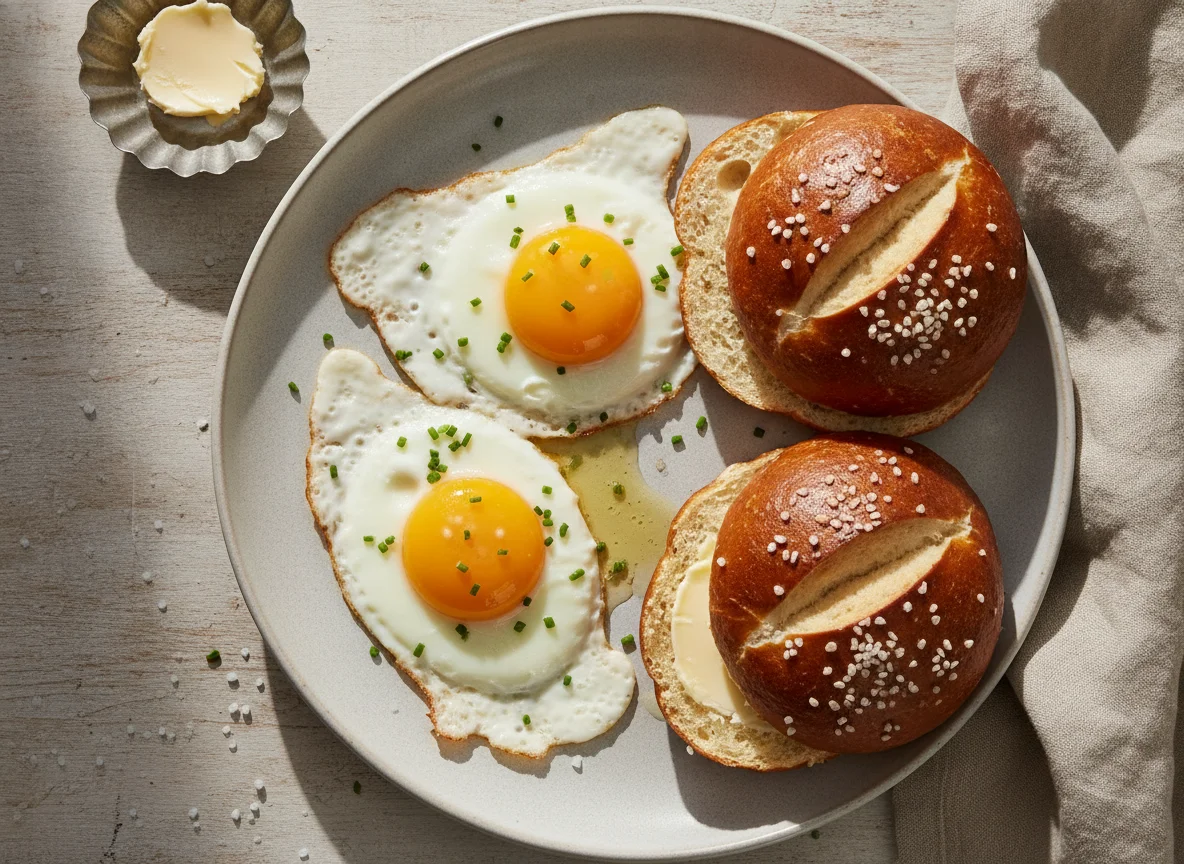 Spiegeleier mit Laugenbrötchen photo