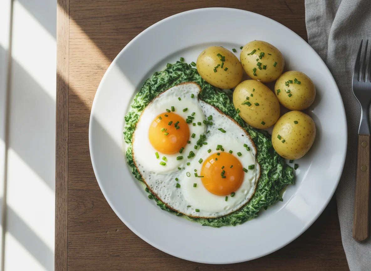 Spiegeleier mit Rahmspinat und Kartoffeln photo
