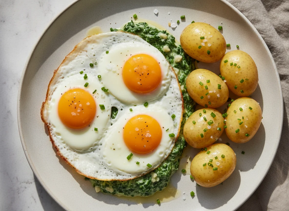 Spiegeleier mit Rahmspinat und Salzkartoffeln photo