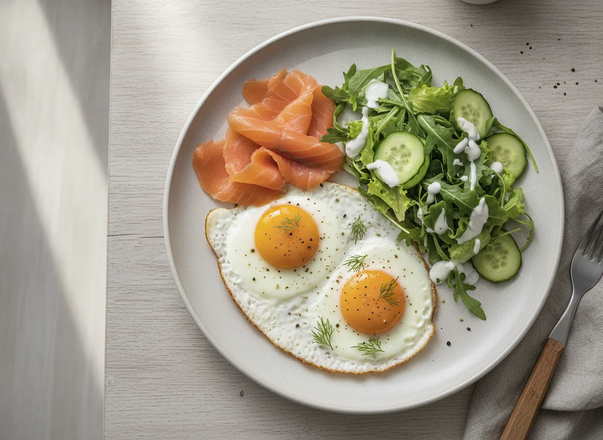 Spiegeleier mit Räucherlachs und Salat photo
