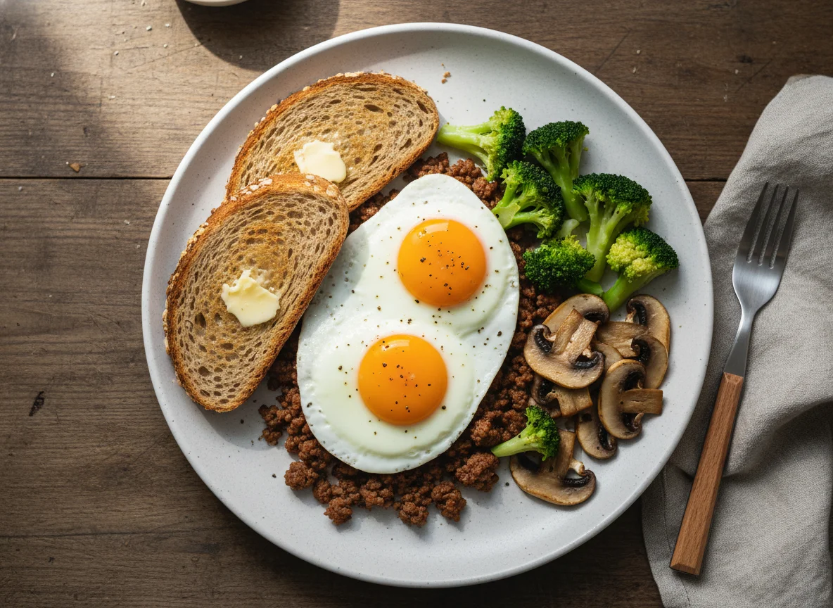 Spiegeleier mit Rinderhackfleisch, Toast, Brokkoli und Pilzen photo