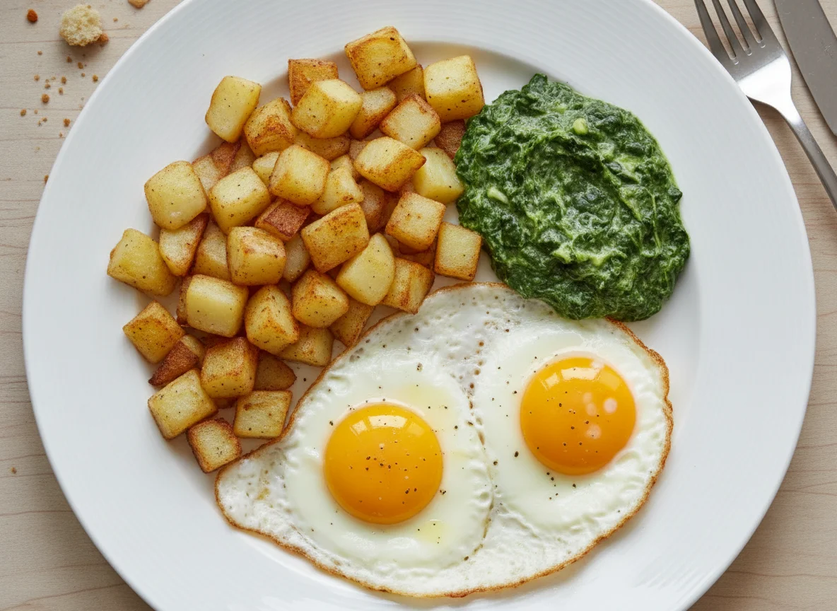 Spiegeleier mit Röstkartoffeln und Cremespinat photo