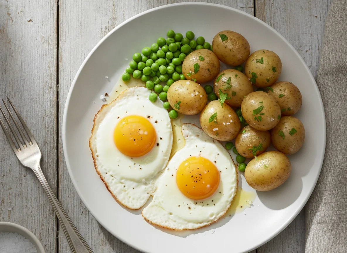 Spiegeleier mit Salzkartoffeln und Erbsen photo