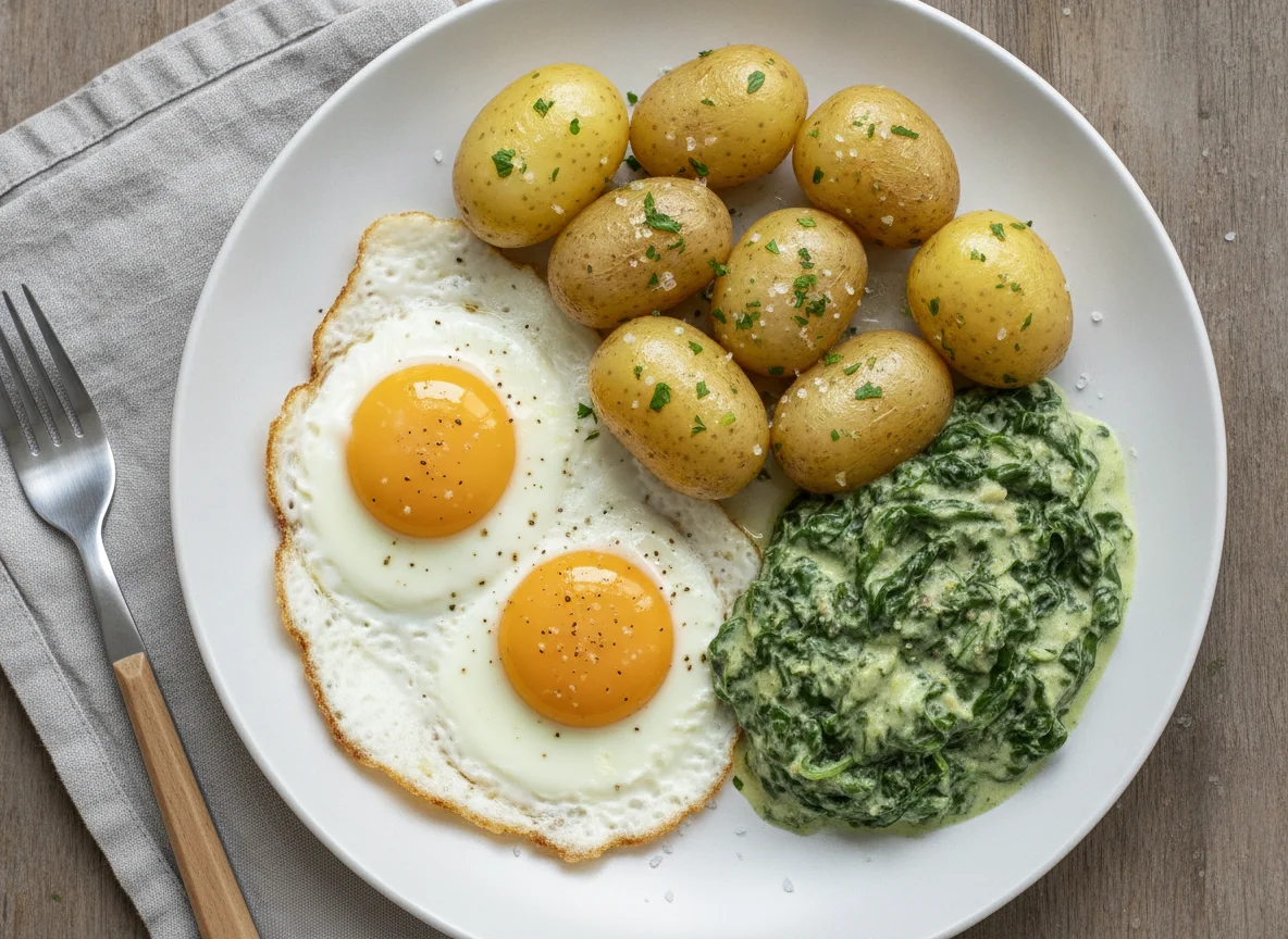 Spiegeleier mit Salzkartoffeln und Rahmspinat photo