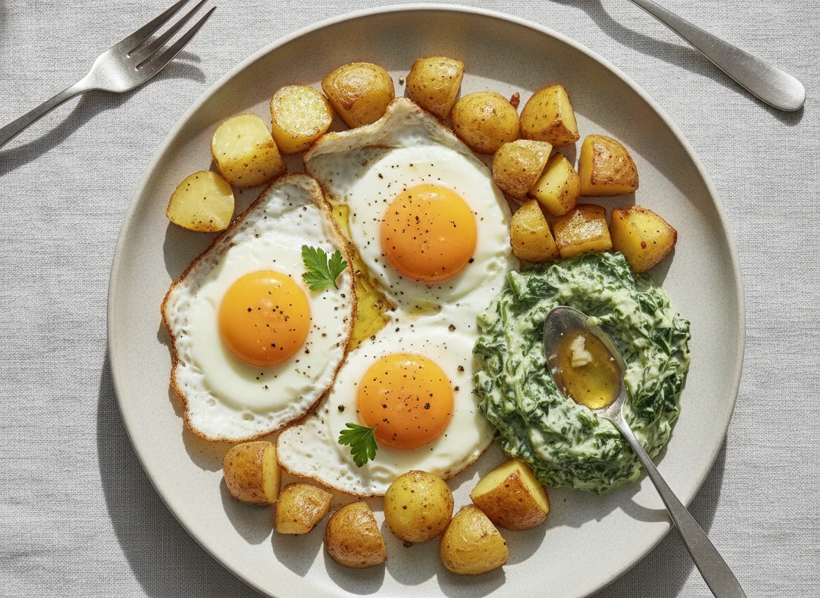 Spiegeleier mit Salzkartoffeln und Spinat photo