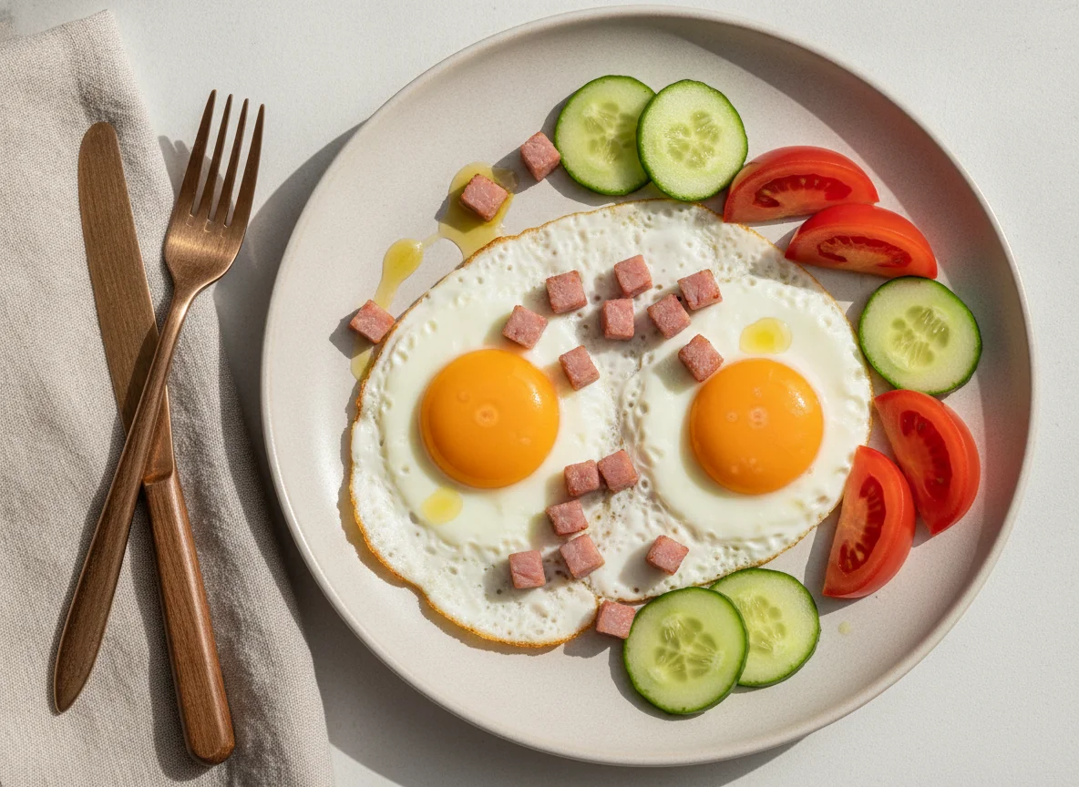Spiegeleier mit Schinken, Gurken und Tomaten photo