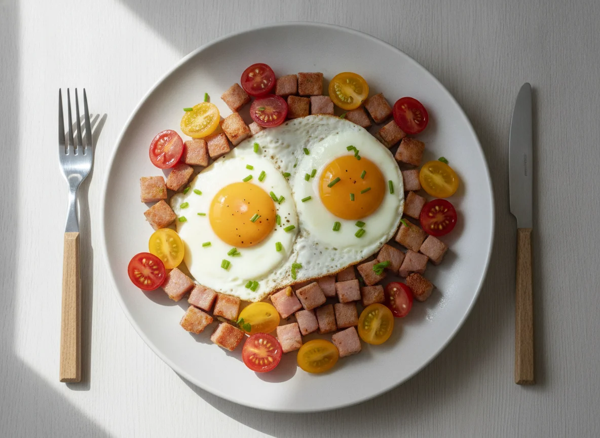 Spiegeleier mit Schinken und Tomaten photo