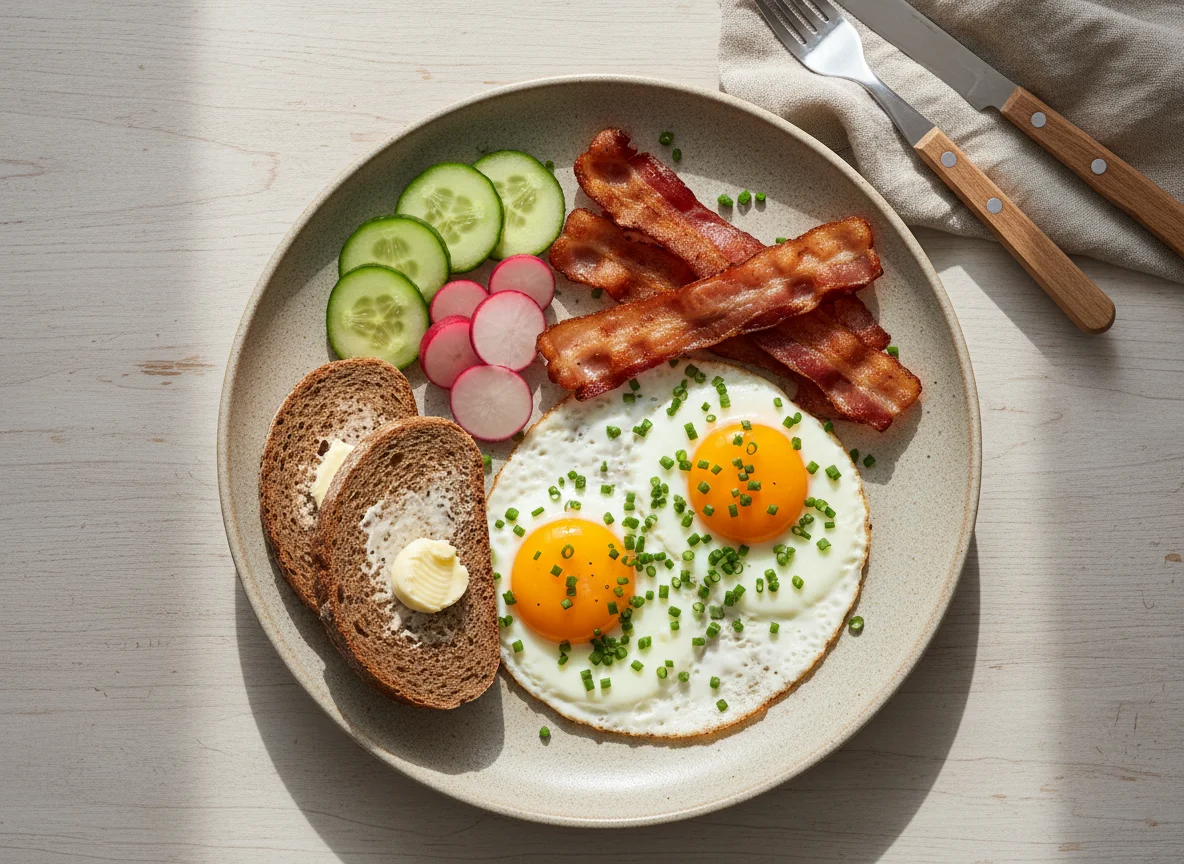 Spiegeleier mit Speck und Brot photo