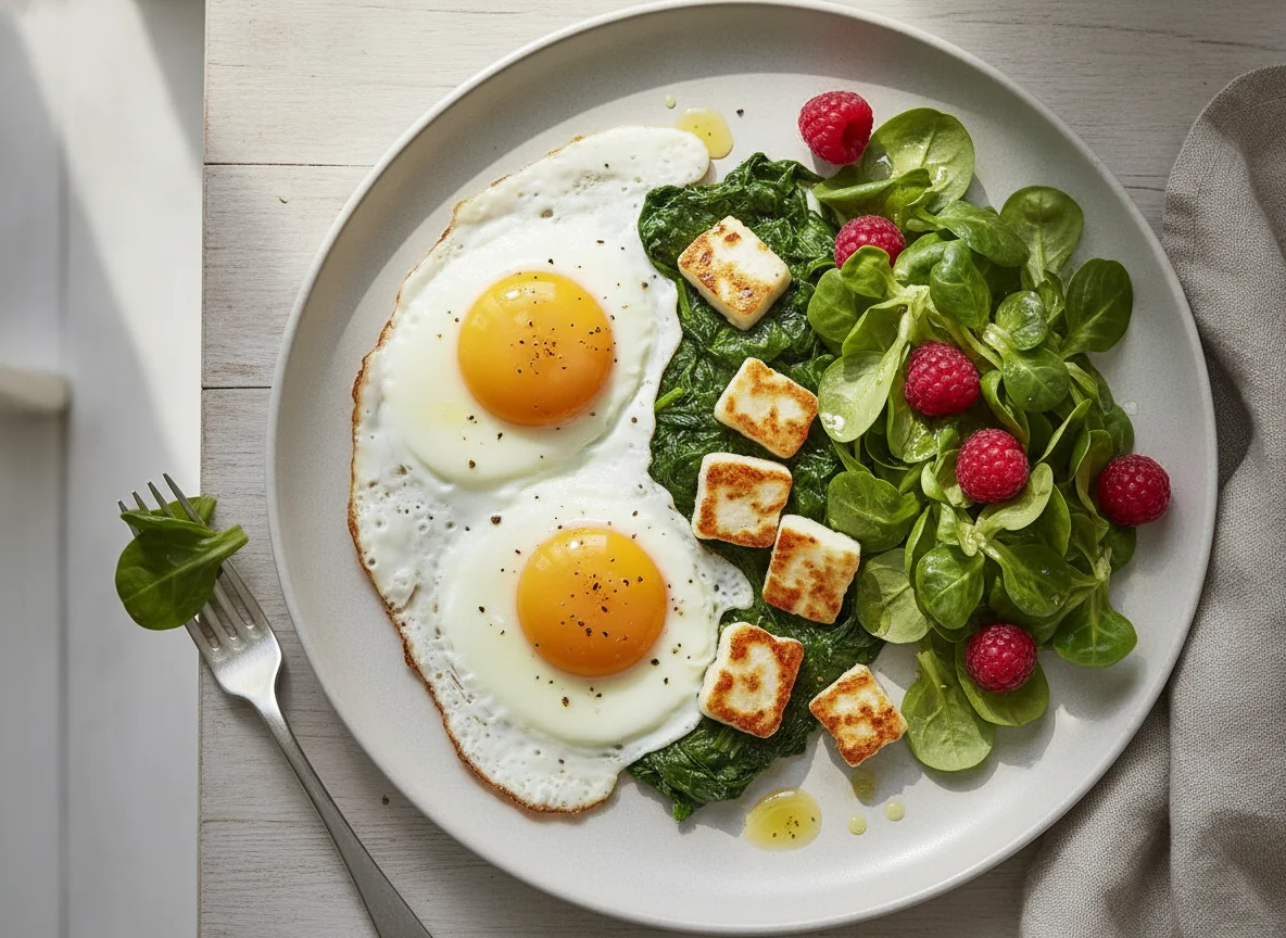 Spiegeleier mit Spinat, Halloumi und Feldsalat photo