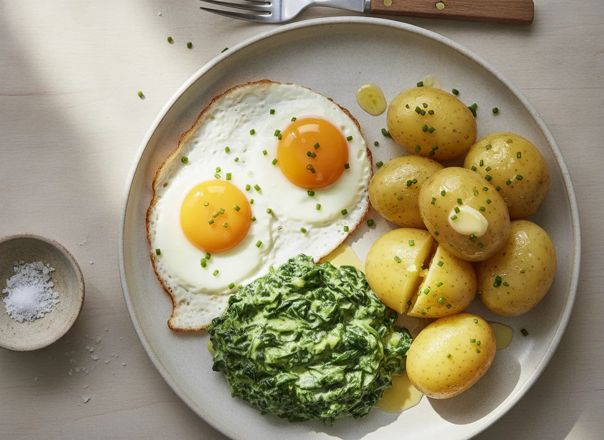 Spiegeleier mit Spinat und Salzkartoffeln photo