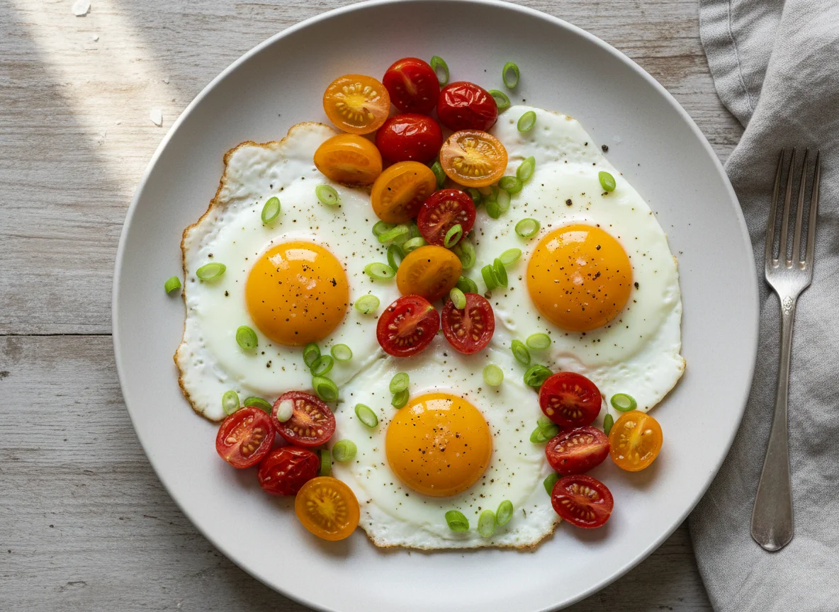 Spiegeleier mit Tomaten und Frühlingszwiebeln photo