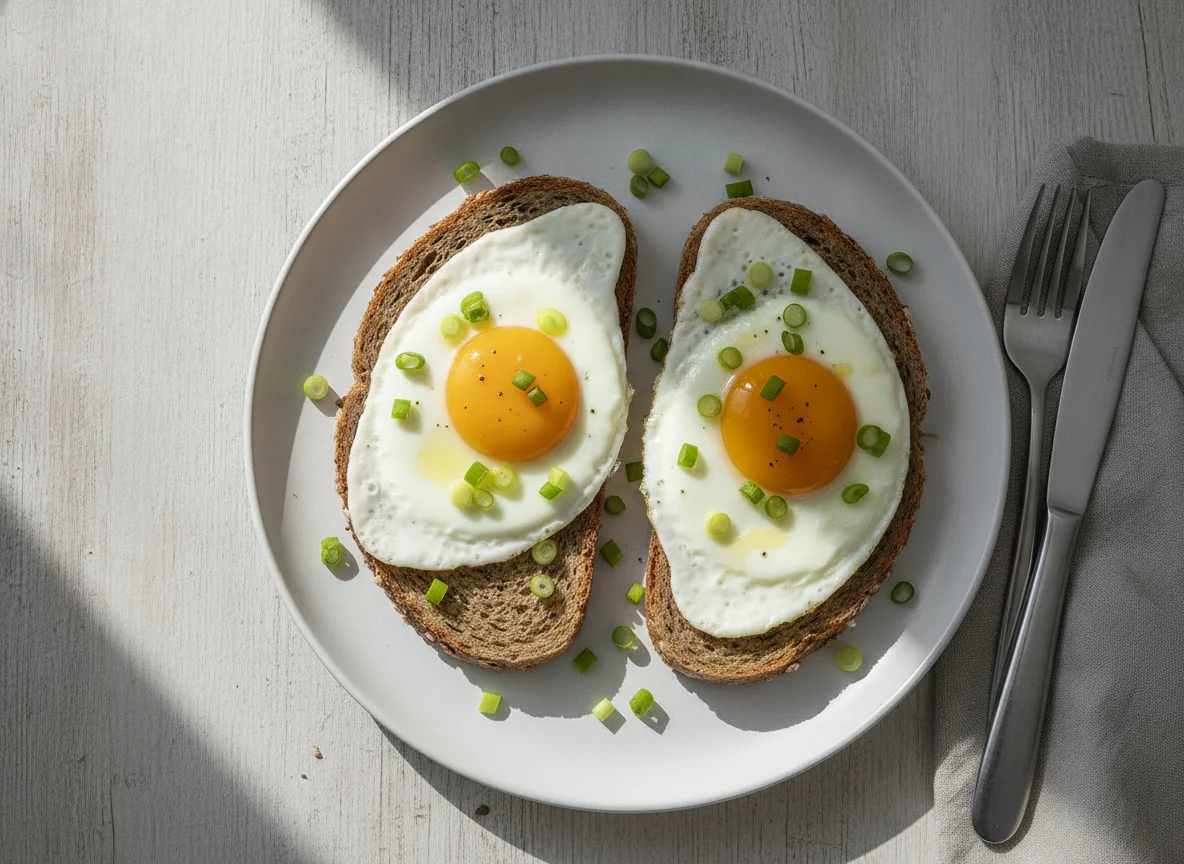 Spiegeleier mit Vollkornbrot und Frühlingszwiebeln photo