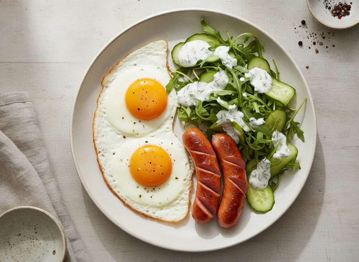 Spiegeleier mit Würstchen und Salat photo